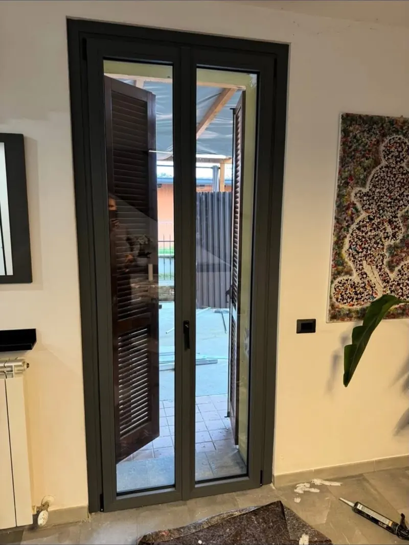 Anthracite grey two-leaf French door, seen from inside